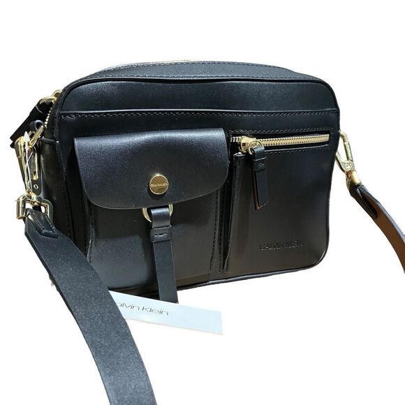Calvin Klein‎ Bag WMNS Black Rossa Crossbody Faux Leather Gold Travel Luxury Zip - Picture 9 of 9